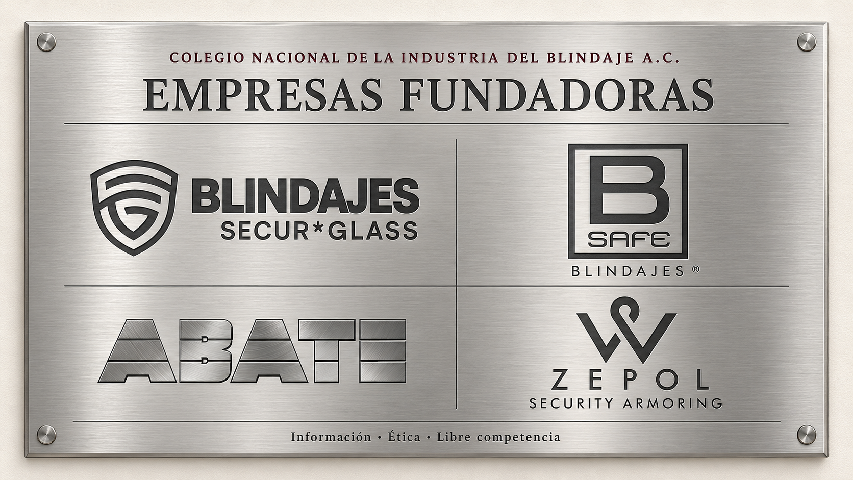 Placa de acero cepillado de las empresas fundadoras del Colegio: Secur*Glass, B Safe Blindajes, ABATE y W·Zepol Security Armoring.